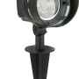 Schwarzer Solar-LED-Spot mit Erdspieß für Gartenbeleuchtung, warmweißes Licht.
