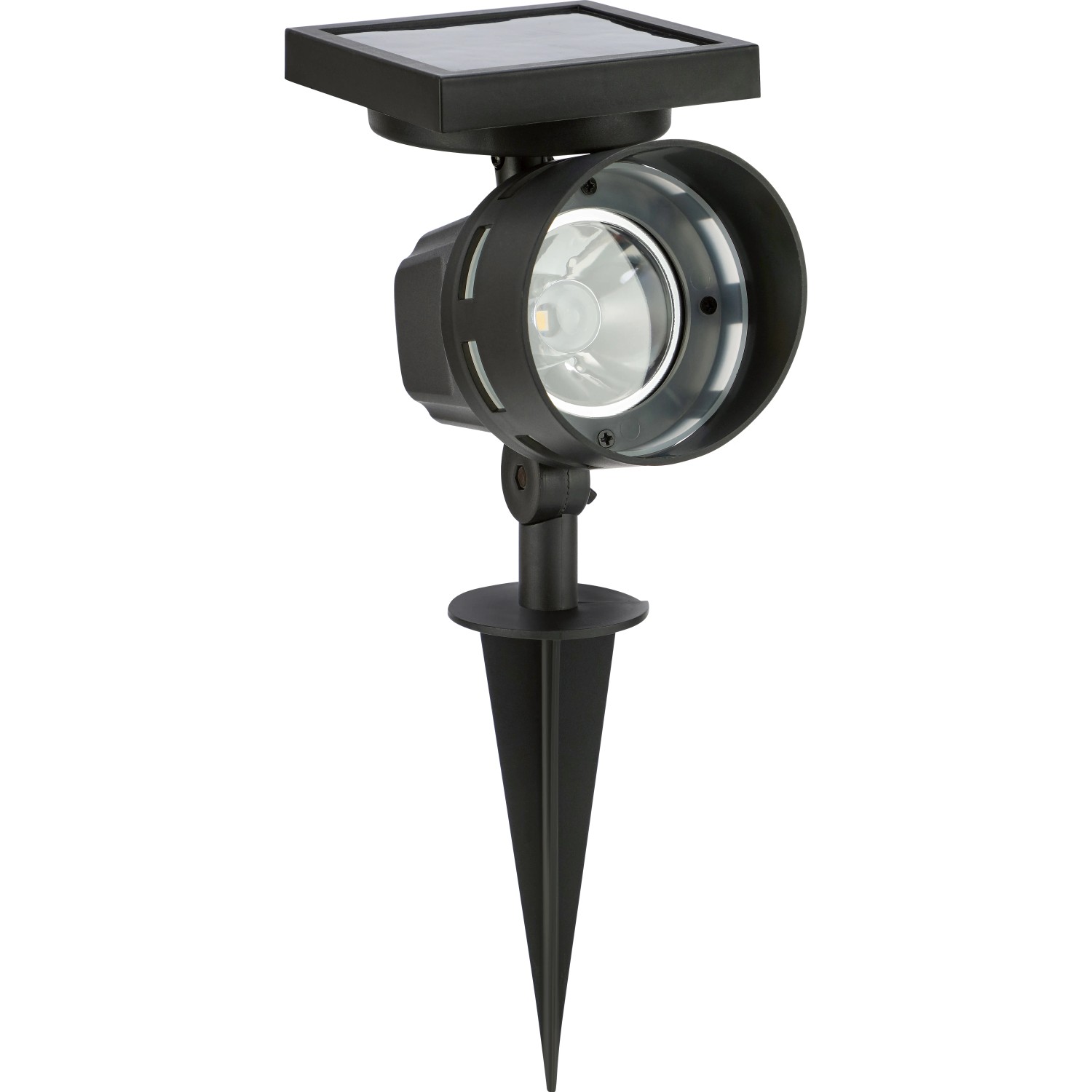 Schwarzer Solar-LED-Spot mit Erdspieß für Gartenbeleuchtung, warmweißes Licht.
