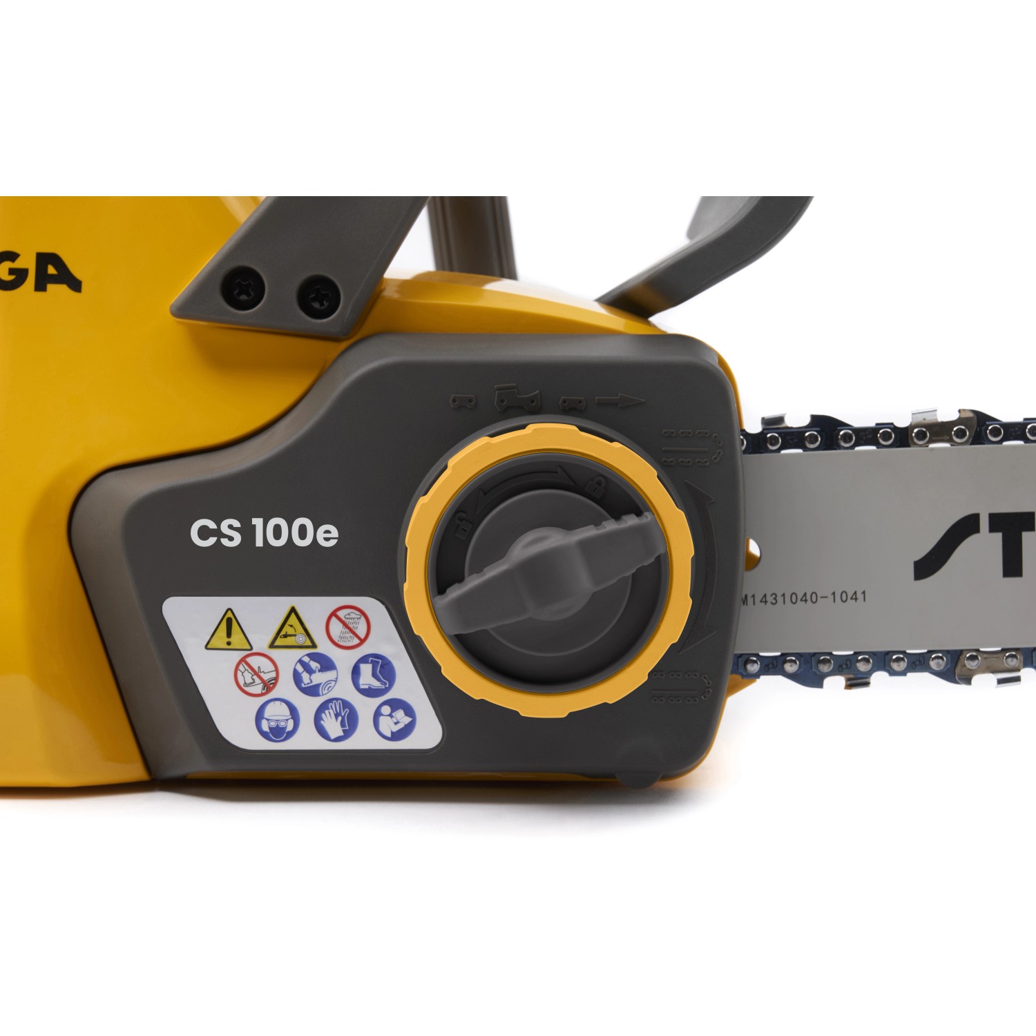 Stiga Akku-Kettensäge CS 100e, gelb/grau, Detailaufnahme von Motorblock und Schwert.