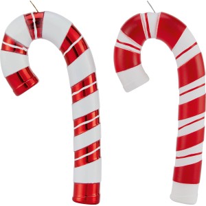 Baumschmuck-Set: 4 rot-weiße Zuckerstangen aus Kunststoff für den Weihnachtsbaum.