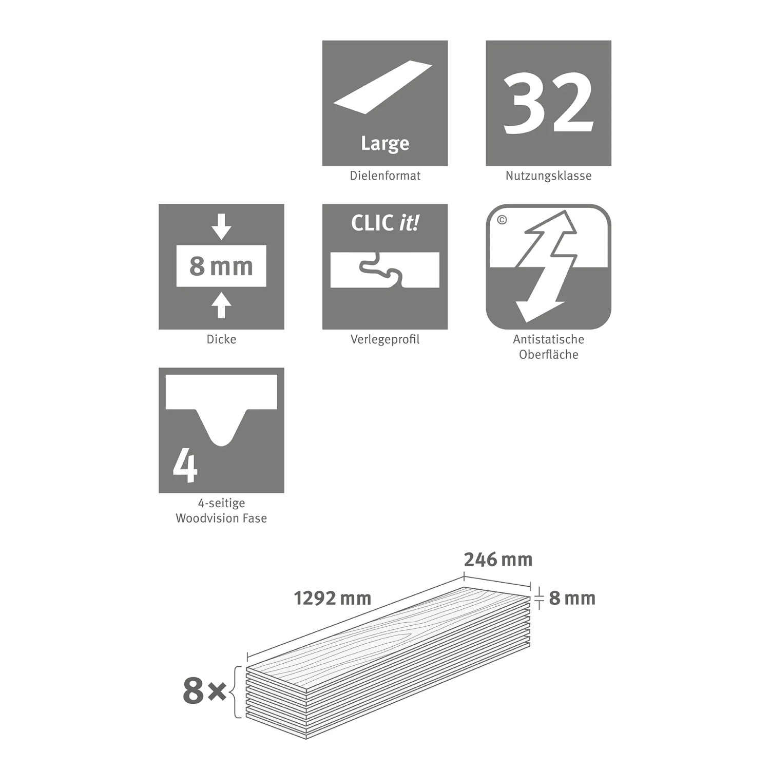 Egger NatureSense Laminat 8mm Braun: Technische Daten zu Dielenformat, Stärke, Nutzungsklasse und Verlegung.