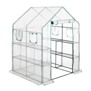 Begehbares, transparentes Foliengewächshaus mit Stahlrohr und Regalen. Ideal für die Pflanzenanzucht.