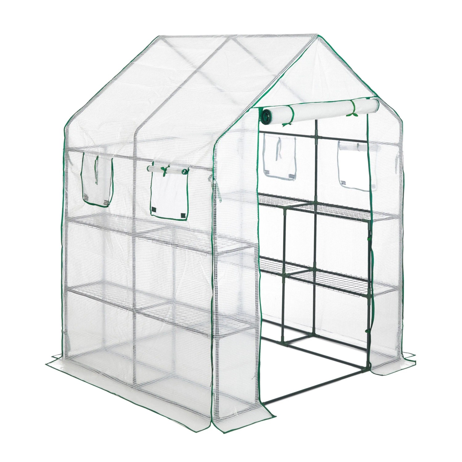 Relaxdays Foliengewächshaus Stahlrohr Polyester Transparent Grün Begehbar mit 4 Fenstern 190 cm x 140 cm x 140 cm 8,8 kg