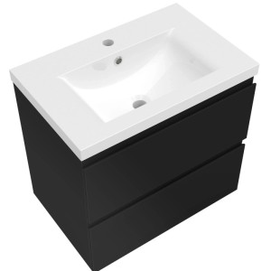 Schwarzer Hochglanz Waschtisch 60cm mit weißem Keramik Waschbecken und Unterschrank mit zwei Schubladen für Badmöbel.
