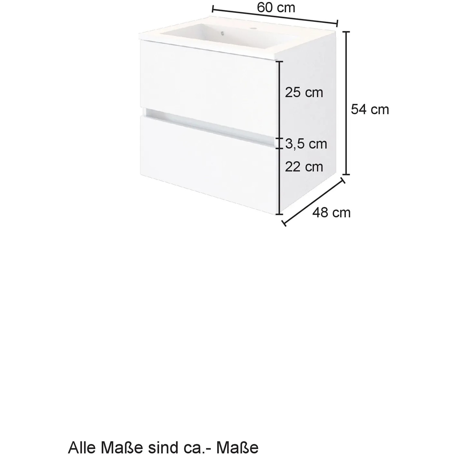 Held Möbel Einzelwaschtisch Bari 60 cm, Eiche Natur Matt, mit Maßen. Badmöbel mit zwei Schubladen.