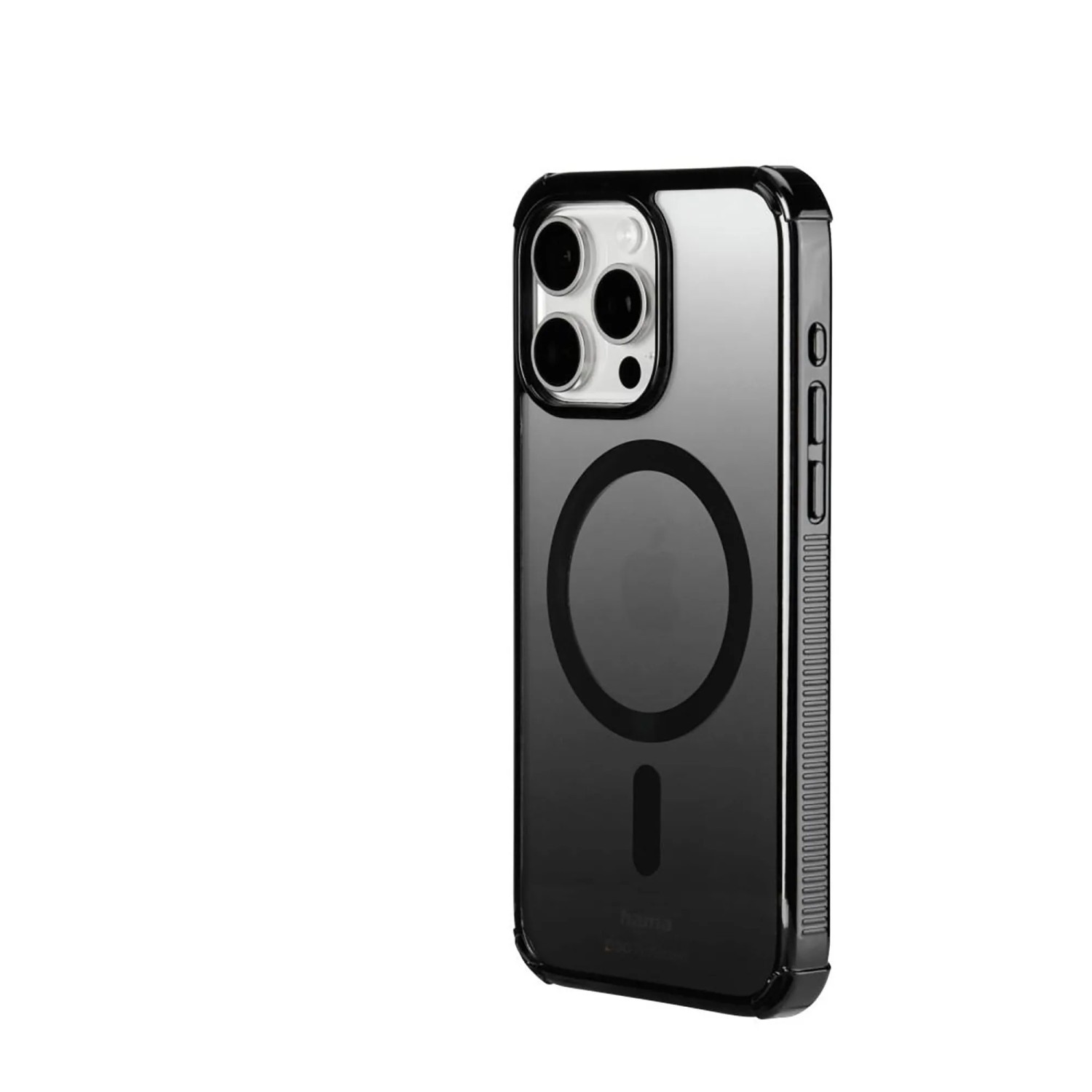 Schwarze, transparente Hama Handyhülle Extreme Protect für Apple iPhone 16 Pro mit MagSafe Ring, verstärkten Ecken und geriffelter Seitenfläche.