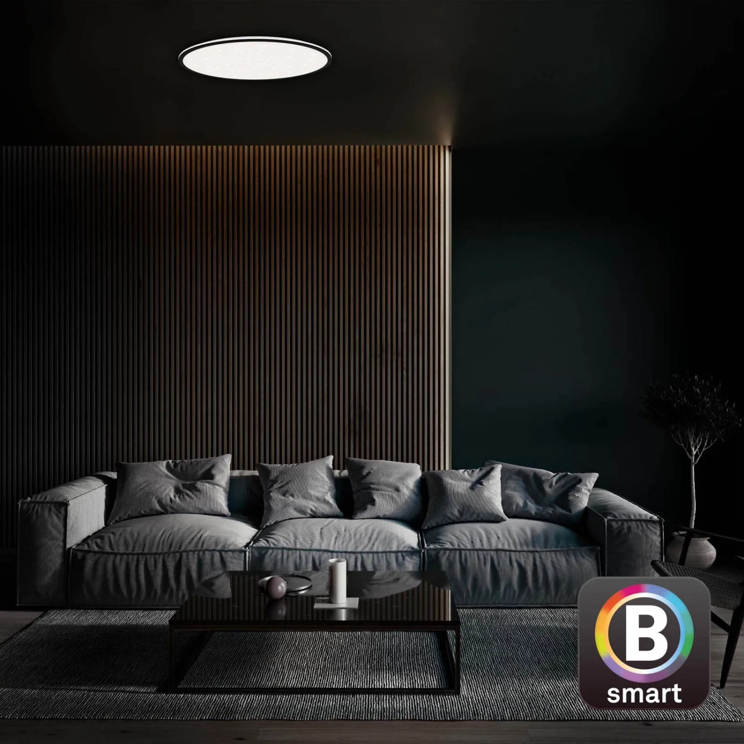 Dimmbare, schwarze Brilo LED-Deckenleuchte Ivy Sky S, 24W, in modernem Wohnzimmer.