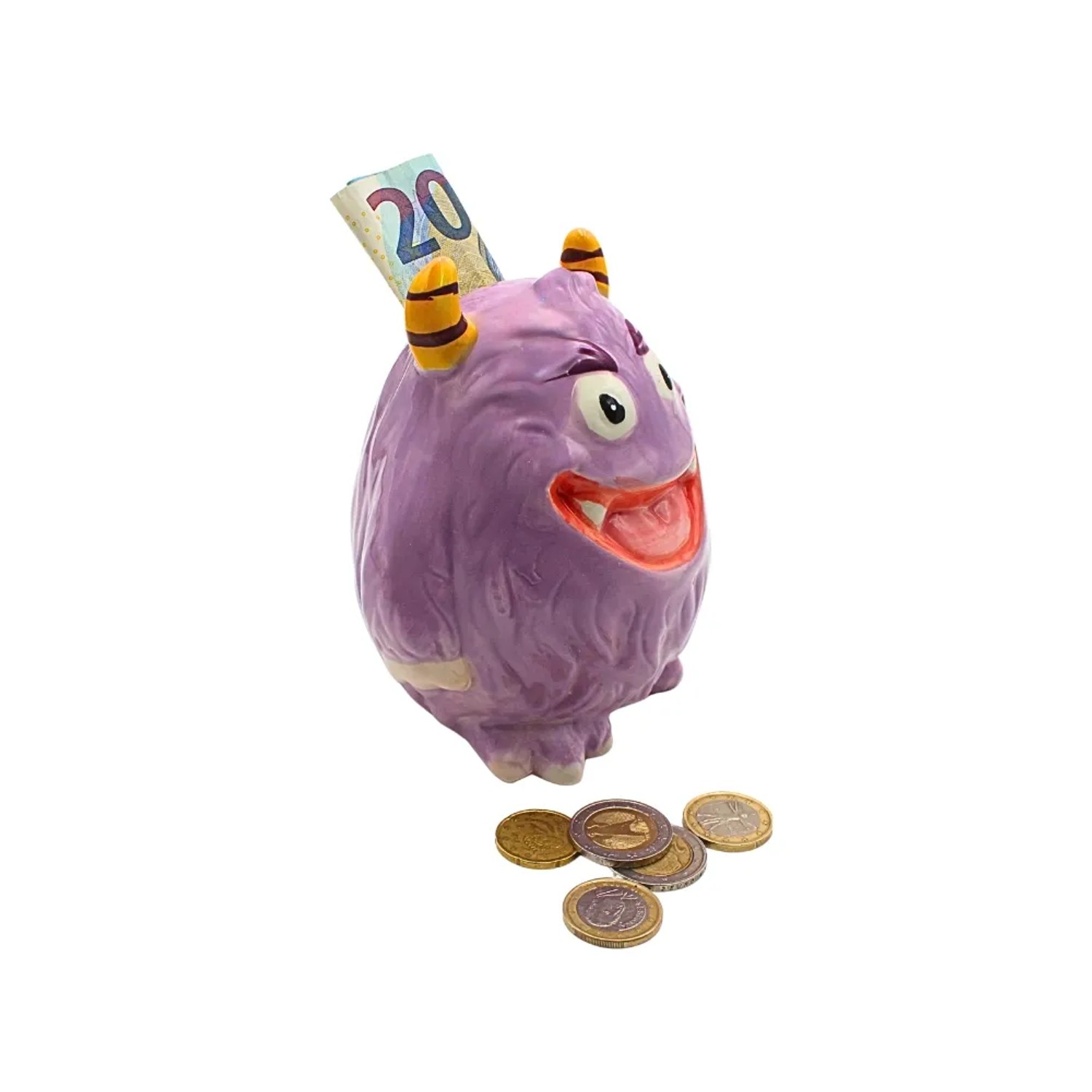 Dekohelden24 Sparfigur Spartier Spardose Sparbüchse Kinderspardose Sparschwein als Monster in Lila aus Keramik L/B/H 11 x 11 x 17 cm_3