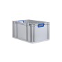 Graue PROREGAL Eurobox mit blauem Griff und Deckel, 60x40x32 cm, ideal zur Aufbewahrung.