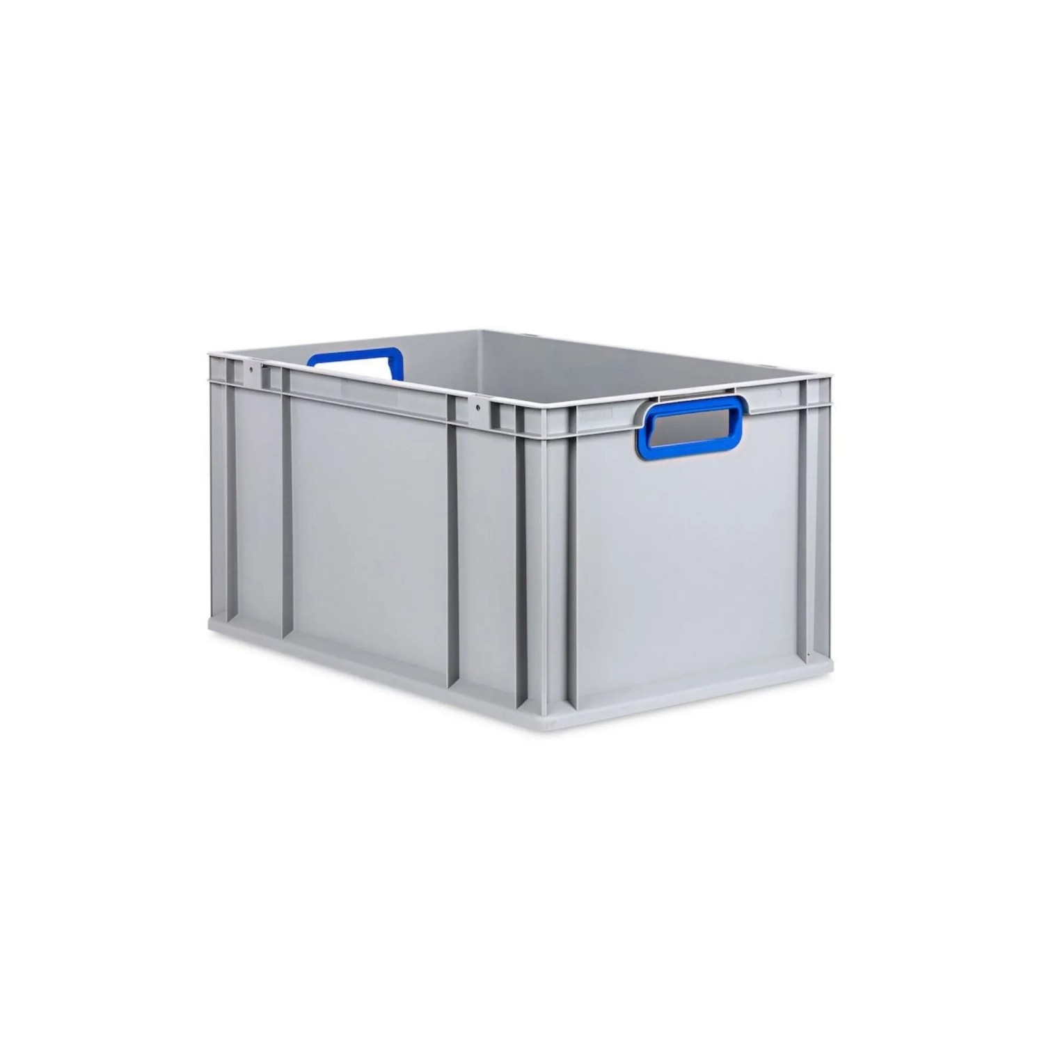Graue PROREGAL Eurobox mit blauem Griff und Deckel, 60x40x32 cm, ideal zur Aufbewahrung.