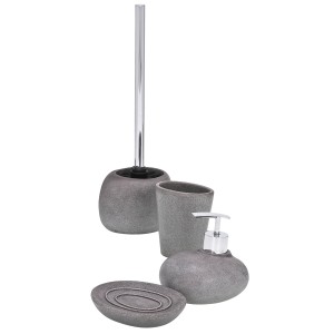 Wenko Bad-Set Pebble Stone Grey: Seifenspender, Zahnputzbecher, Seifenschale und WC-Garnitur aus Polyresin.