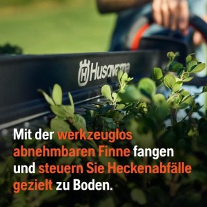 Husqvarna Akku-Heckenschere Aspire H50-P4A mit Laubfänger in Aktion.