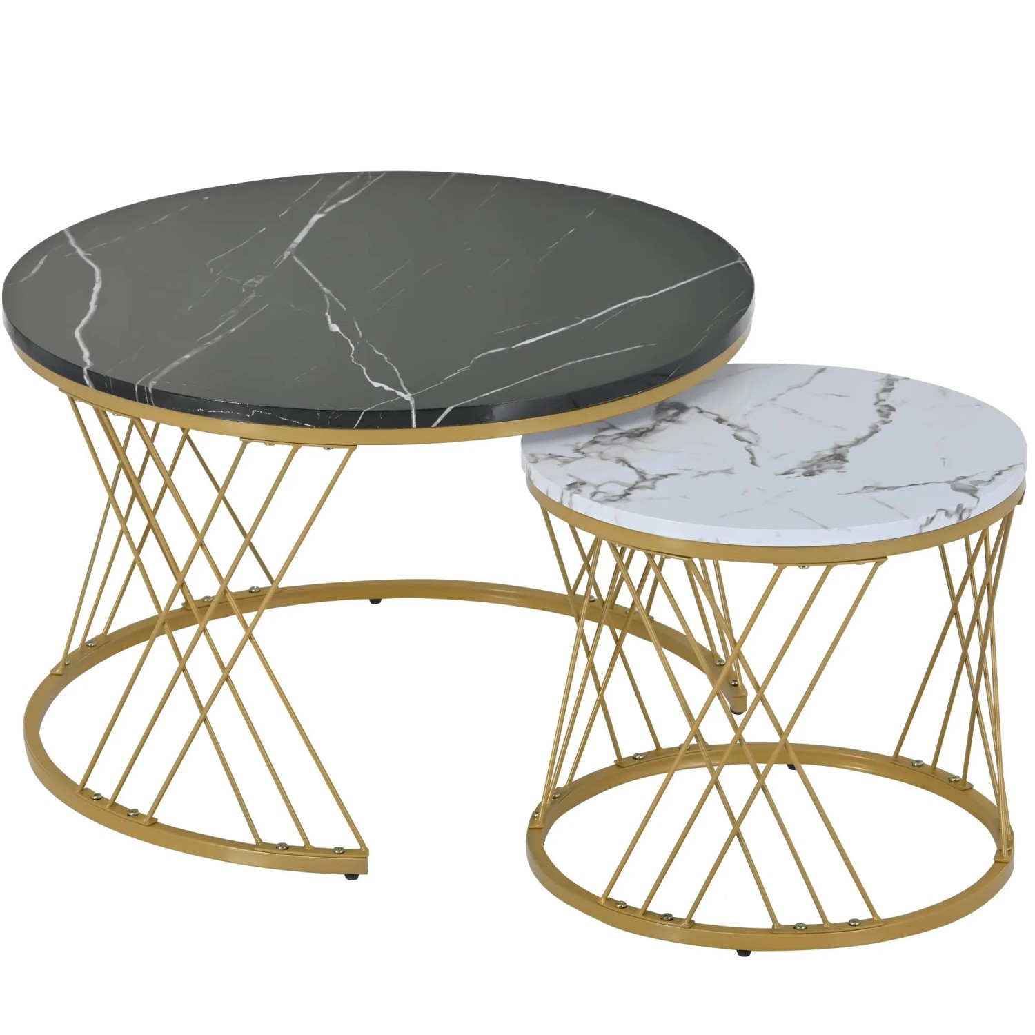 Merax Couchtisch Set Zweiteilig Marmoroptik Runde Tische Goldene Beine