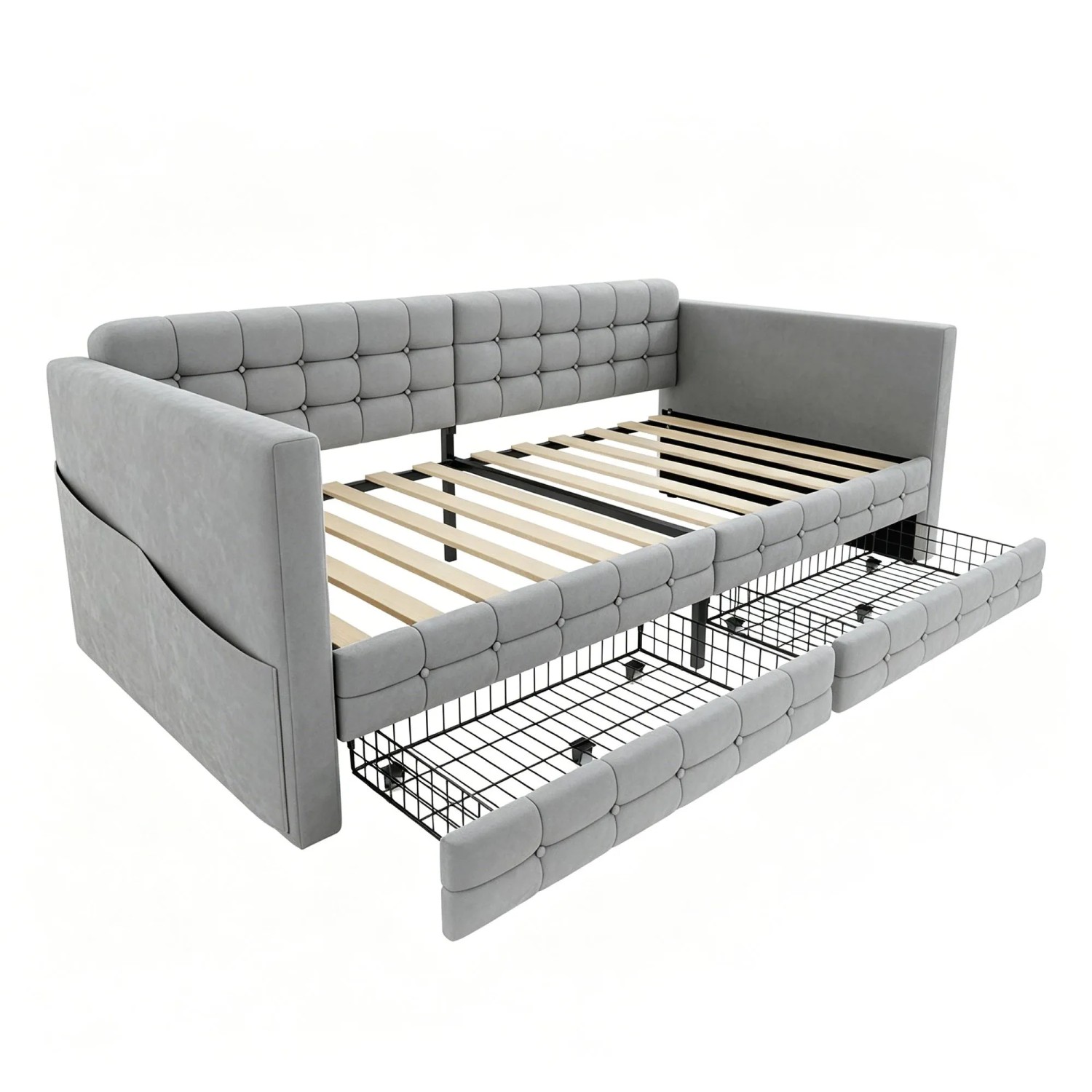 Merax Schlafsofa 90x190cm Samt Karomuster Schubladen Hellgrau