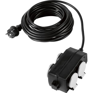 Schwarzer Steckdosenblock mit 4 Steckplätzen, 10 m Kabel und Kindersicherung.