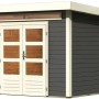Terragraues Karibu Holz-Gartenhaus Kumla mit Pultdach und Doppeltür. Gartenhaus aus lackiertem Holz.