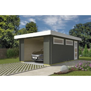 Moderne Lasita Garage Canberra, 360x540 cm, grau-grün, mit seitlicher Tür und Milchglasfenstern. Auto steht in der Garage.