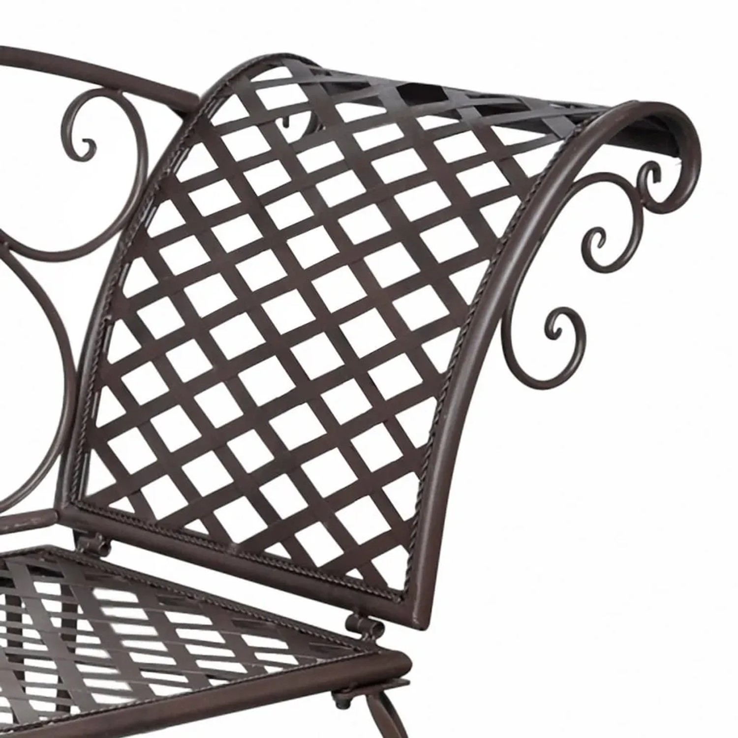 Detailansicht: Antik-braune VidaXL Garten-Chaiselongue aus Stahl mit Schnörkelmuster.