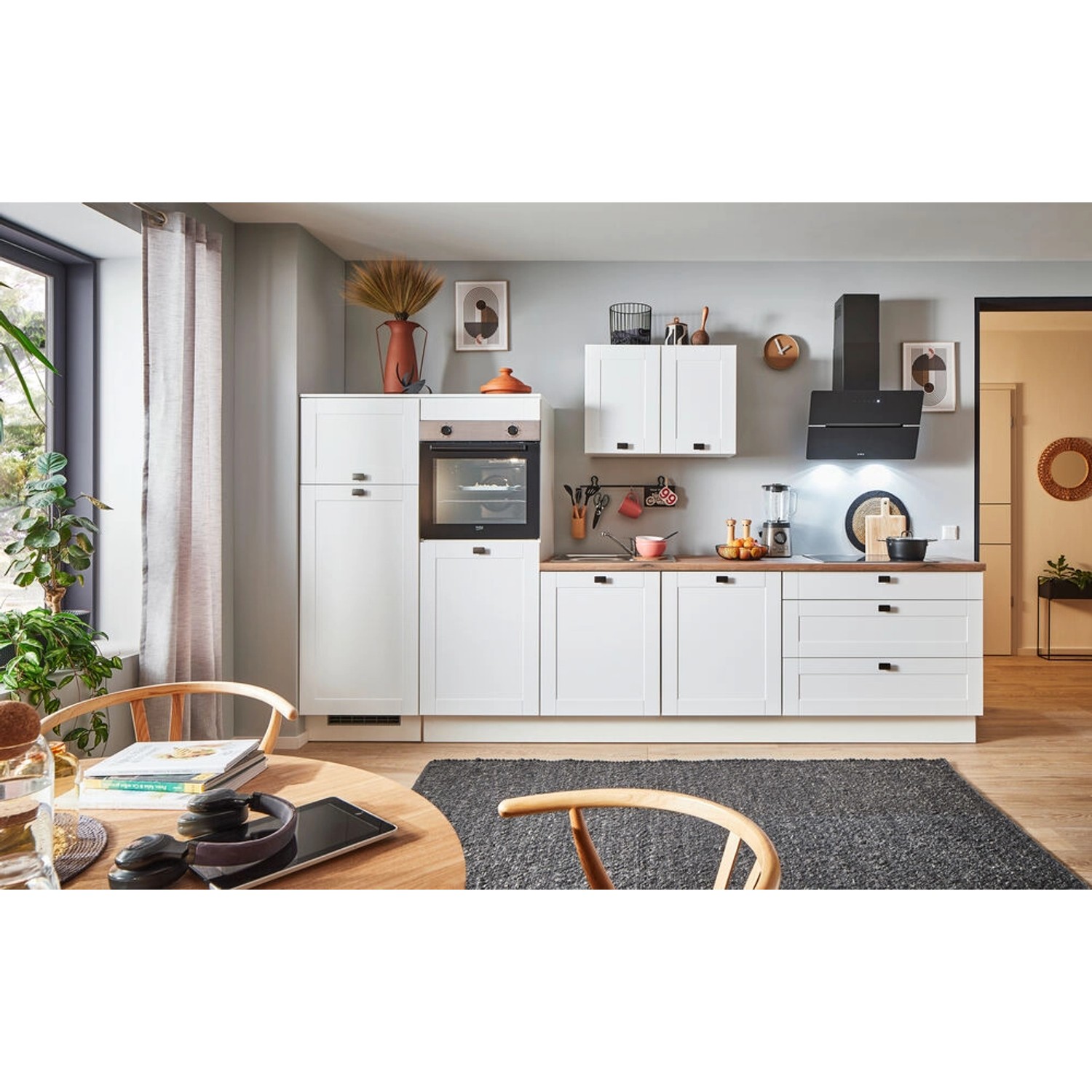 pino Küchenzeile 340 cm Weiß matt Anschlag,inks 2 Geräteschränke