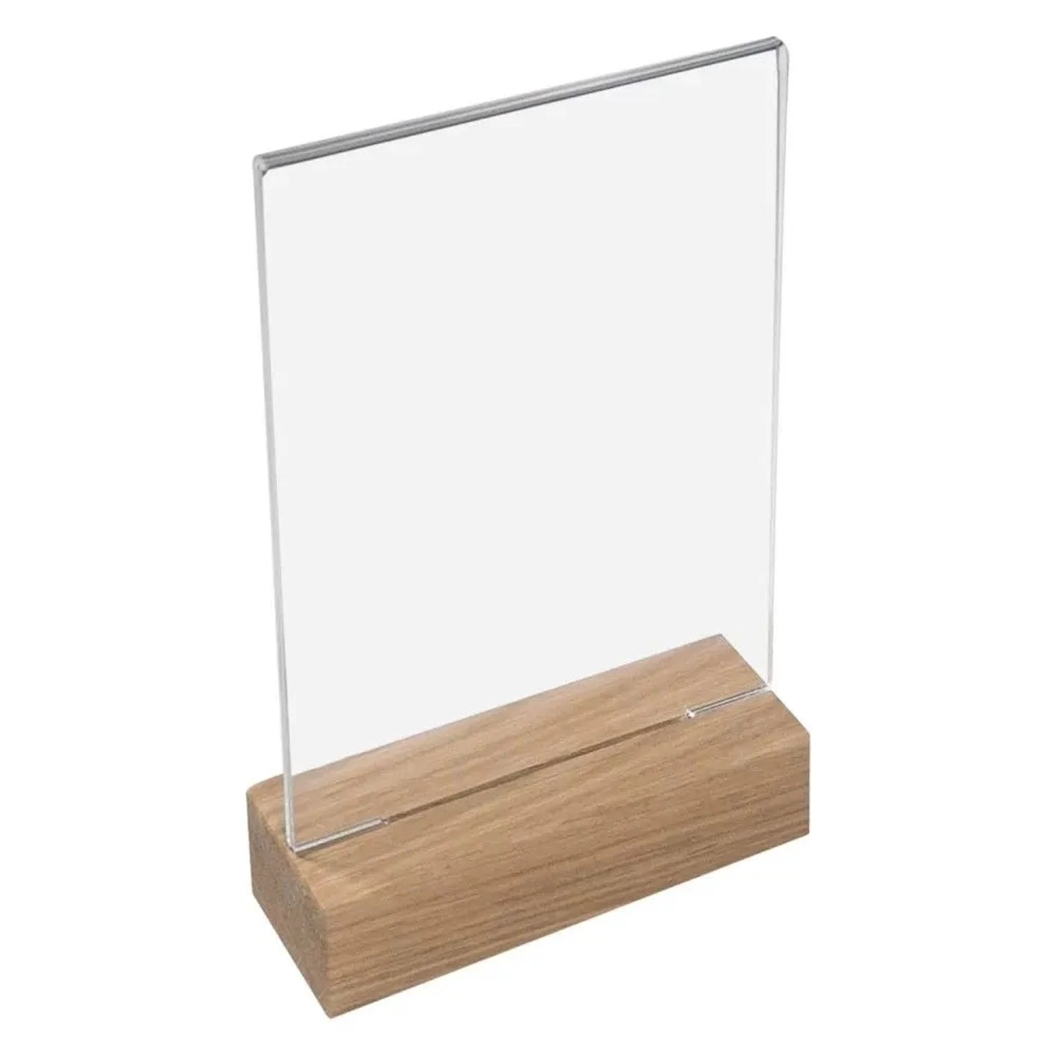 HMF 46940 Acryl Tischaufsteller mit Holzfuß DIN A6 Hochformat Glasklar