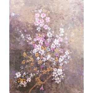 Komar Vliestapete Hanami 200x250 cm mit Blüten in Rosa, Weiß und Gold auf abstraktem Hintergrund.