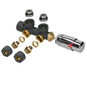 LuxeBath Ventil-Armaturen Set Multiblock Anthrazit Eckform mit Thermostatkopf für Heizkörper.