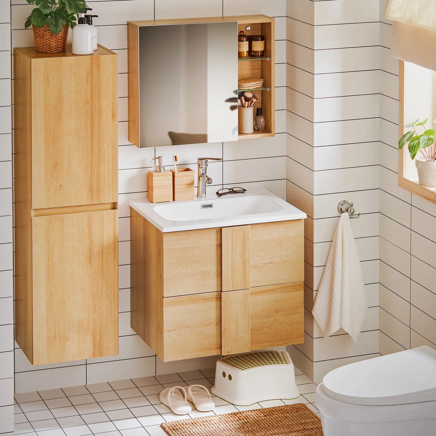 SoBuy Waschbeckenunterschrank BZR172-N mit Waschbecken und 2 Schubladen in Natur.
