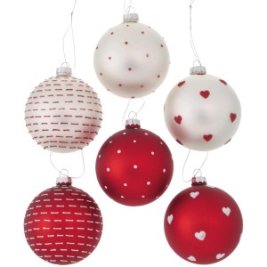 6er Set Boltze Home Weihnachtskugeln Illum, rot und weiß, mit Punkten, Herzen und Linien verziert.