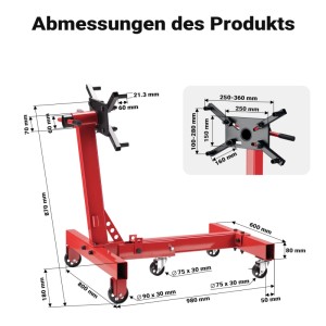Wiltec Motorständer mit Maßen, rot, bis 680kg, mit Lenkrollen und klappbarem Sockel.
