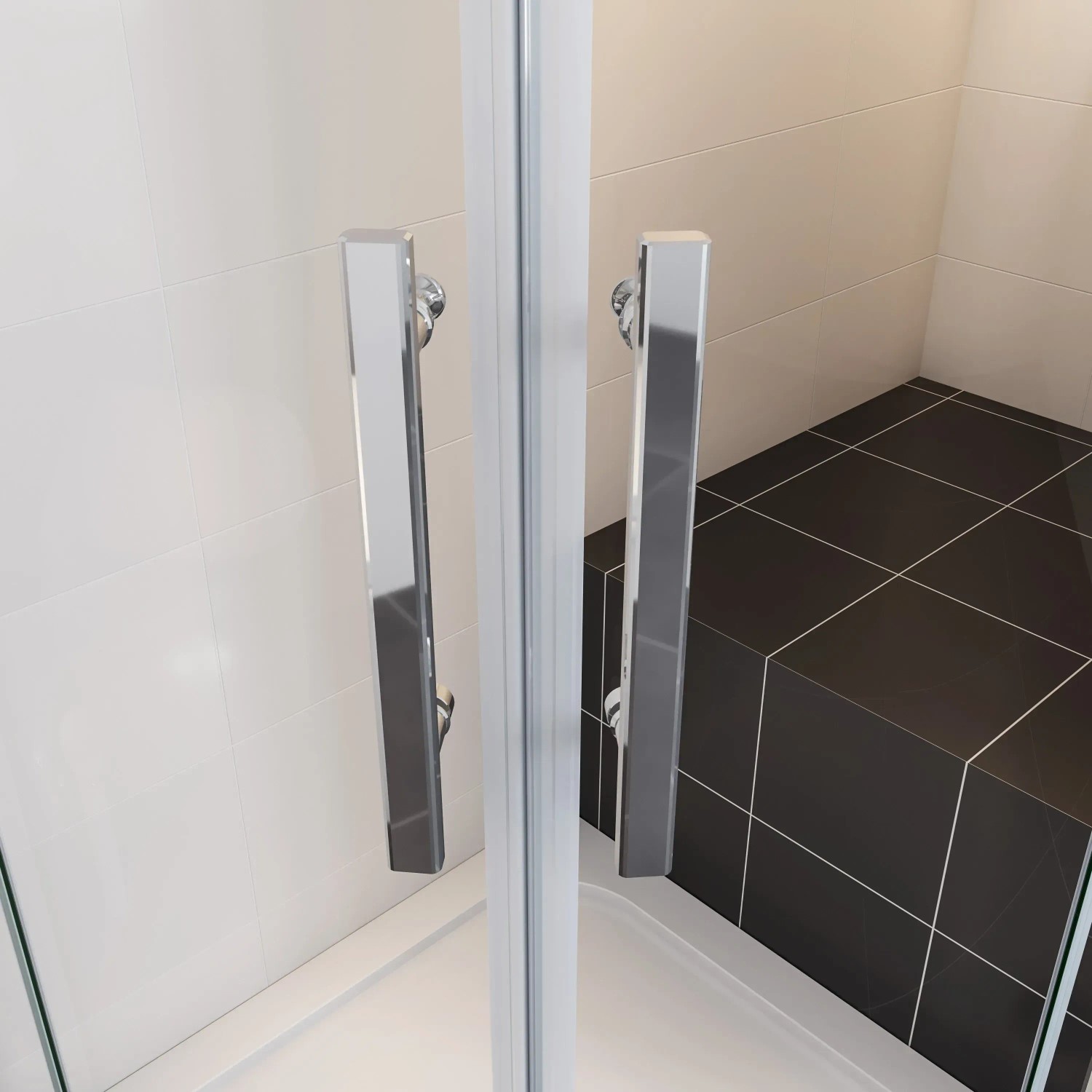 Detailaufnahme: AICA Viertelkreis-Duschkabine 80x80 mit chromglänzenden Griffen und NANO-Glas.