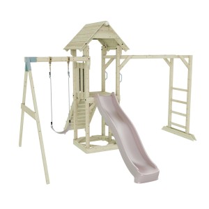 OutdoorToys Spielturm Malmö mit Schaukel und Rutsche in Altrosa, aus unbehandeltem Holz.