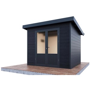 Modernes, anthrazitfarbenes Finnhaus Wolff WPC Gerätehaus Nives 2724 mit Doppeltür und Pultdach.