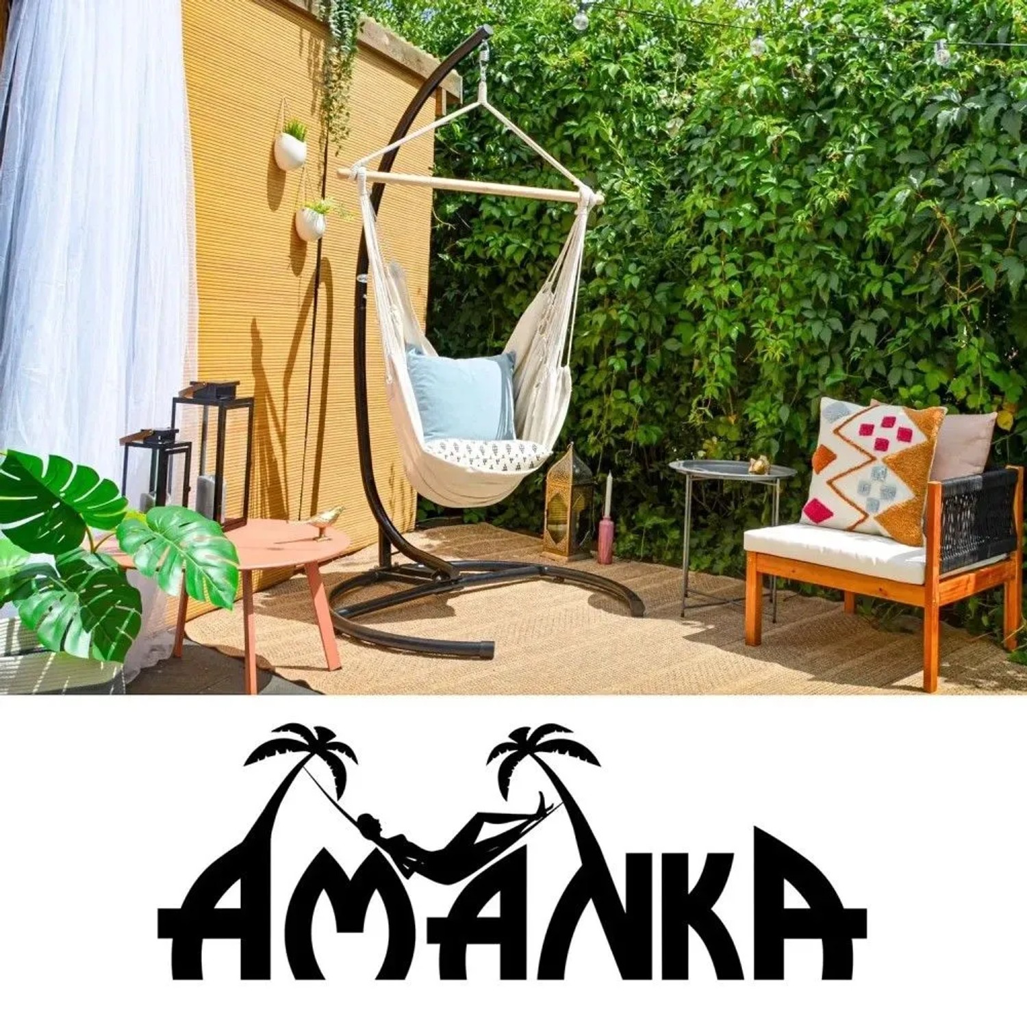 Schwarzes AMANKA Hängestuhlgestell, 210 cm hoch, für Hängesessel. Robustes Metallgestell bis 150 kg auf Terrasse.