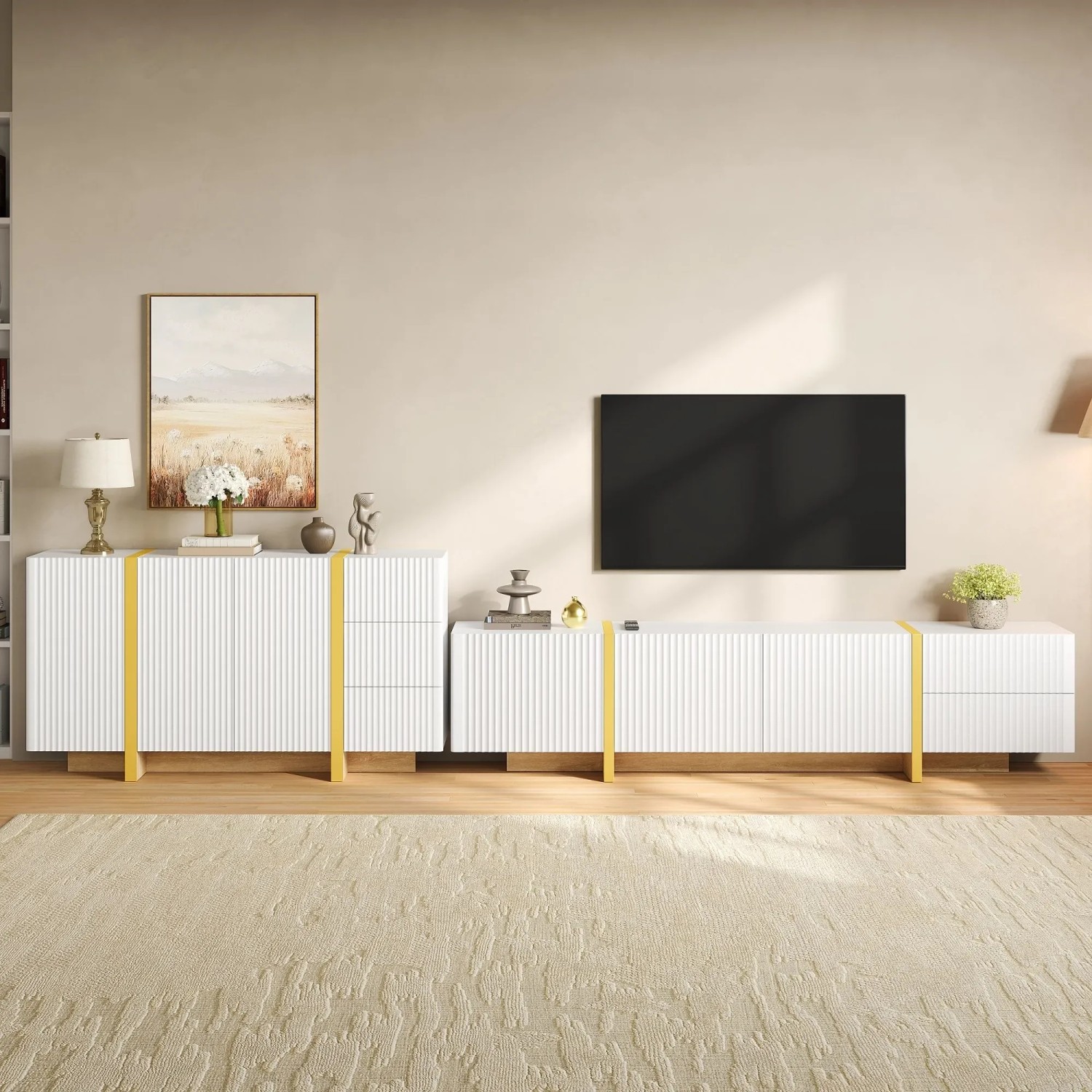 Merax TV Lowboard Sideboard Set Wohnzimmermöbel Rillenoptik Stauraum