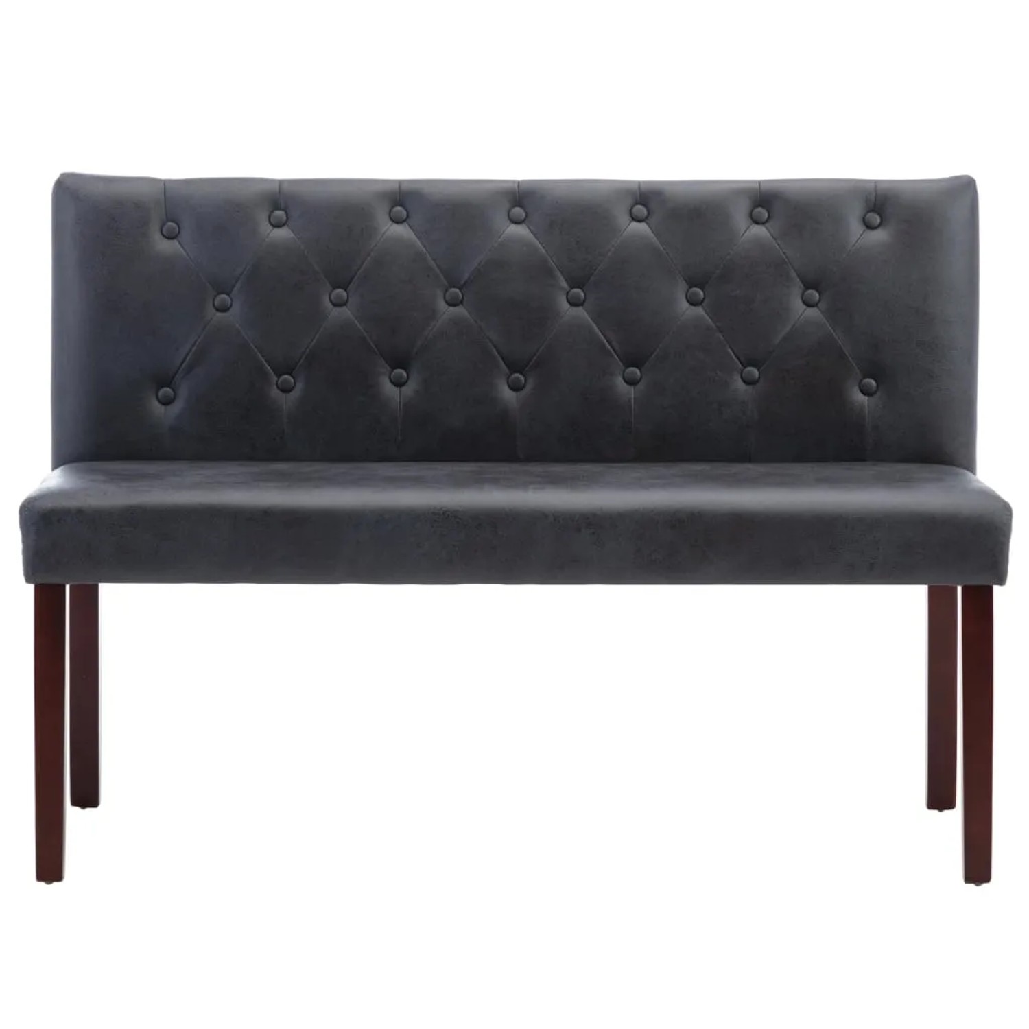 Graue vidaXL Sitzbank (120 cm) im Wildleder-Look mit Knopfmuster und Holzfüßen.