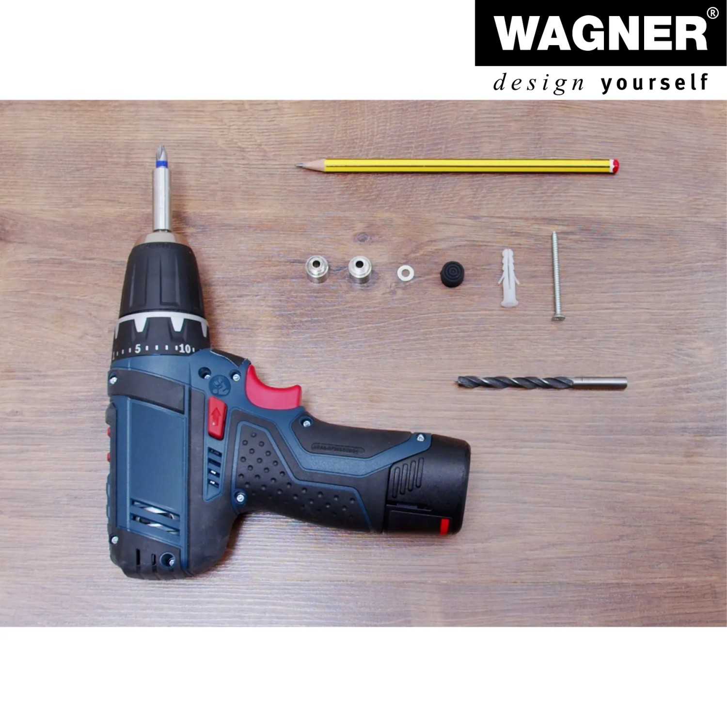 Wandtürstopper von Wagner in Edelstahl-Optik mit Zubehör und Werkzeug auf Holz.