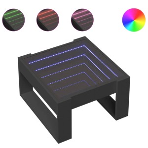 Schwarzer Couchtisch mit leuchtendem Infinity-LED-Spiegel und RGB-Farbwechsel. Moderner Kaffeetisch.