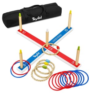 Toyfel Mitty Toss Wurfspiel XXL mit Holz-Kreuz, bunten Ringen und Tragetasche.