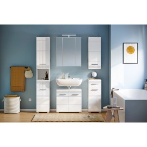 Modernes, 5-teiliges Badmöbel-Set Linus in Hochglanz Weiß mit Spiegelschrank, Waschbeckenunterschrank und Hochschränken.