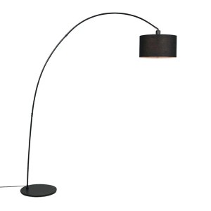 Moderne, schwarze Bogenlampe Vinossa mit Stoffschirm für Innenräume.
