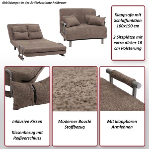 MCW Schlafsessel K29 hellbraun mit Bouclé-Stoff, als Sessel und Liege dargestellt.