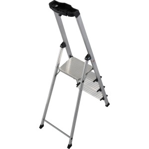 Krause Stehleiter Safety Plusline mit 4 Stufen, Aluminiumleiter mit Sicherheitsbügel und Ablageschale.