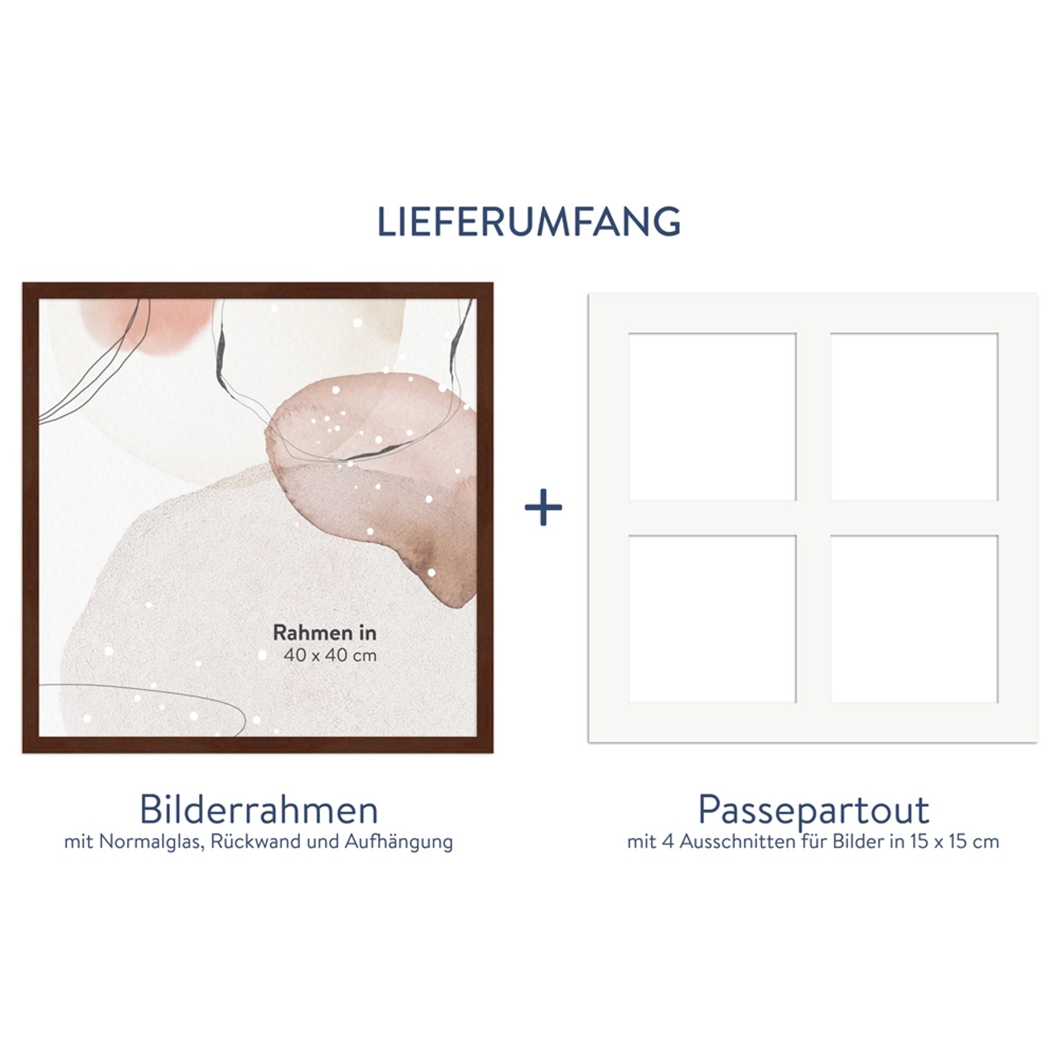 WANDStyle Galerierahmen Nussbaum 40x40 cm für 4 Fotos, inklusive Passepartout.