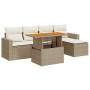 Beige 6-tlg. Garten-Sofagarnitur aus Polyrattan mit Tisch und Kissen.
