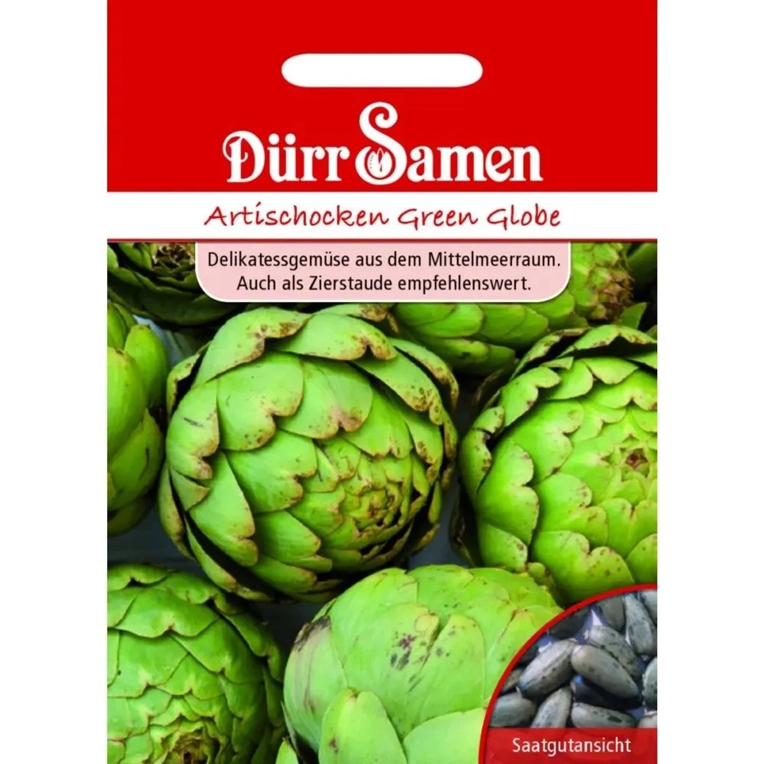 Rote Dürr Samen Artischocken Green Globe Saatgutpackung mit grünen Artischocken und Samen.
