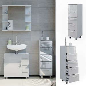 Vicco Badschrank Ilias, weiß hochglanz, 30x95 cm, mit 5 Schubladen für Badutensilien.