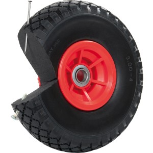Pannensicheres Ersatzrad für Sackkarre, 260x85 mm, mit roter Felge und Schnittdarstellung.