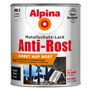Dose Alpina Metallschutz-Lack Anti-Rost Schwarz glänzend, 750ml. 3in1: Grundierung, Rostschutz, Lackierung.