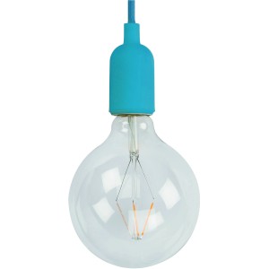 Türkisfarbenes Lampen-Textilkabel mit Fassung und klarer Glühbirne im Retro-Look.