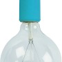 Türkisfarbenes Lampen-Textilkabel mit Fassung und klarer Glühbirne im Retro-Look.